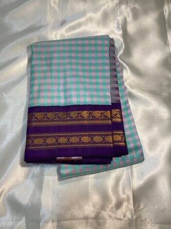 Light blue nd pink checks with purple border molkalmuru saree
