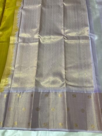MUSTARD YELLOW SOFT SILK SAREE WITH LAVENDER ZARI BORDER